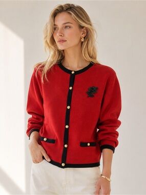 Vintage Jaeger Brick Red Knit Wool Contrast Trim Cardigan